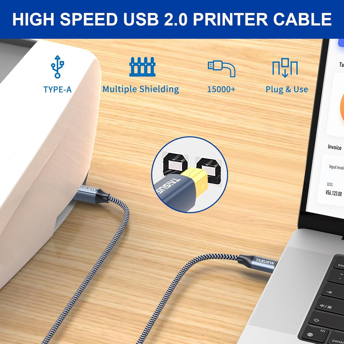 6ft USB A to B Printer Cable - High Speed Cord Compatible for Keyboard, MacBook, Scanners - Gray