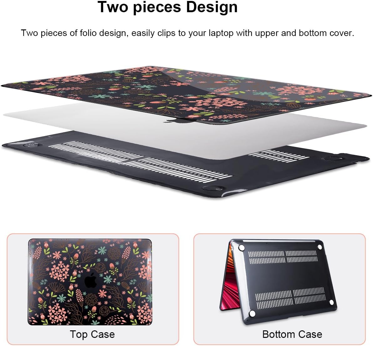 for MacBook Air 13 inch Case 2021 2020 2019 2018 Release M1 A2337 A2179 A1932, Pritned Pattern Plastic Hard Case Cover for MacBook Air 13.3" Retina Display Touch ID, Seamless Flower Black