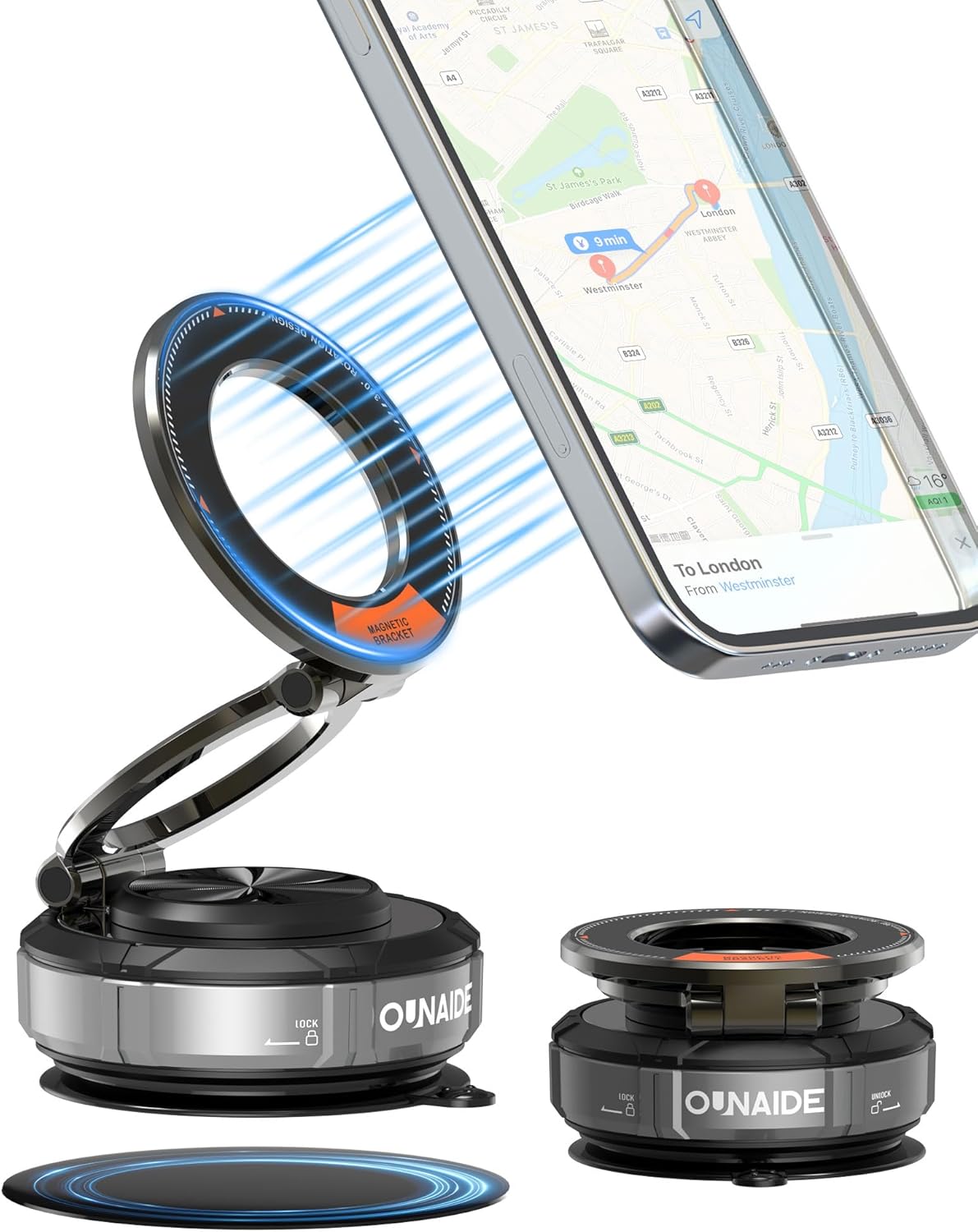 Magnetic Phone Holder For Car,360°Vacuum Magnetic Car Phone Holder,Car Phone Mount Adjustable Cell Phone Holder Enhanced Vacuum Suction Cup Car Accessories for iphone 16e 15 14 Android (Silver Black)