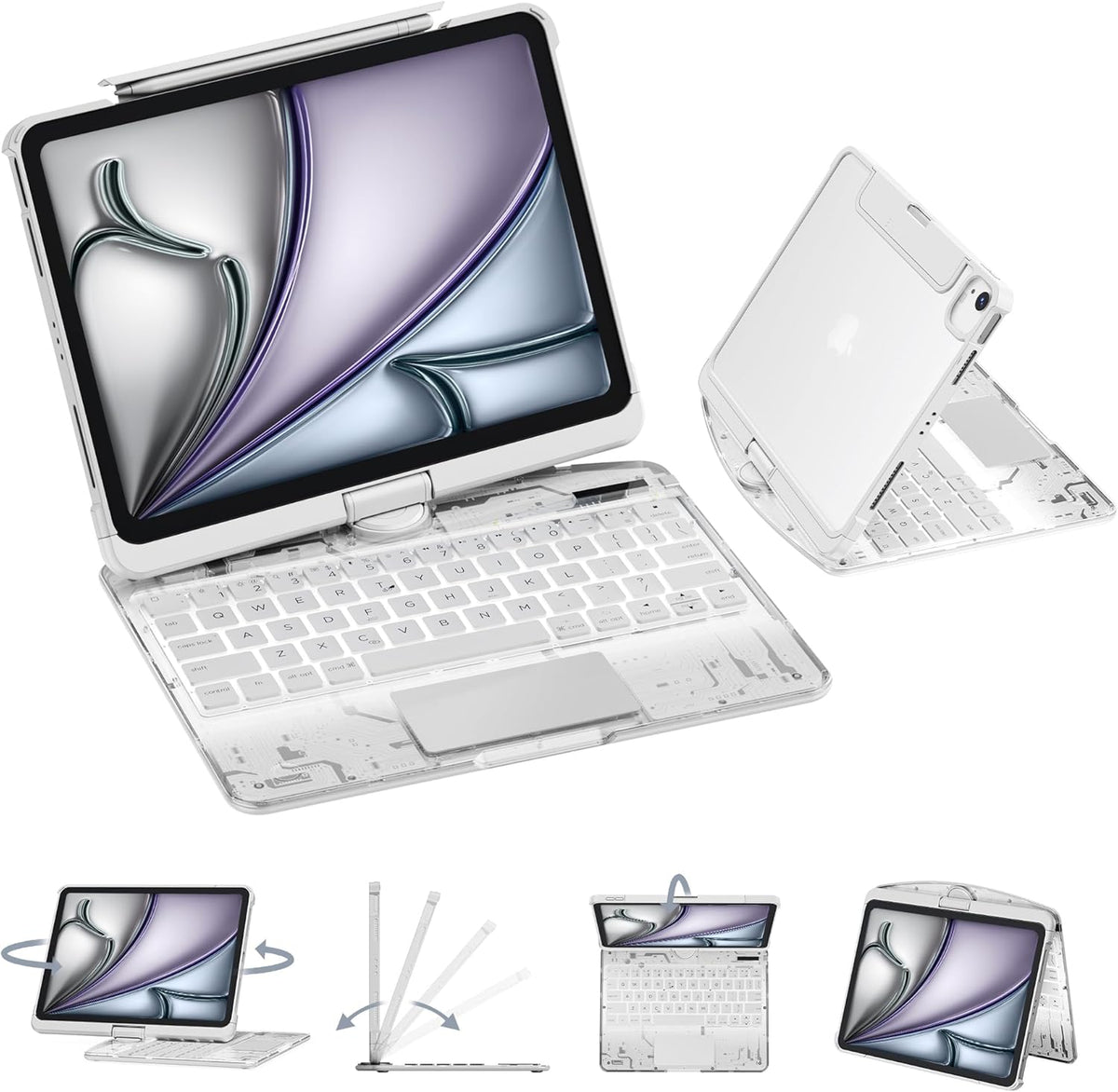 GUSGU Transparent Case with Wireless Keyboard for iPad 11th Gen 11-in.(A16, 2025), 2022 iPad 10th Gen 10.9-in, 7 Colors Backlight, Trackpad, 360°Rotating Stand, Tech Style
