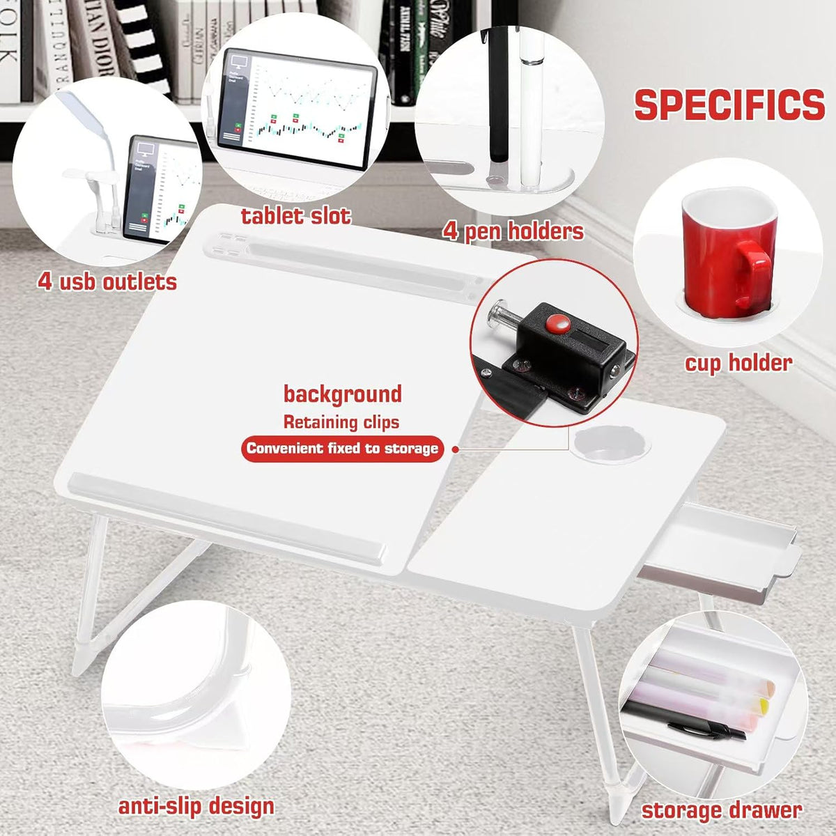 CloudTrip Plus XL Adjustable Laptop Desk with Light, USB Port, iPad Holder, Drawer Storage - Larger 23.6IN Adjustable Lap Desk for Bed, Home Office, Breakfast Tray, Fordable Legs Desk (White)
