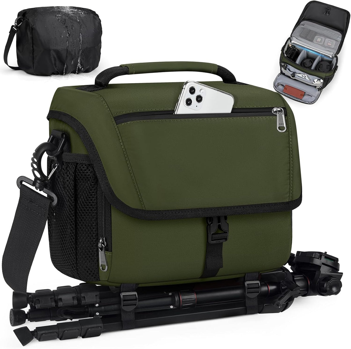 RAINSMORE Camera Bag, DSLR/SLR/Mirrorless Camera Case with Tripod Holder Waterproof Camera Sling Bag Crossbody Camera Bags for Photographers with Rain Cover for Canon/Nikon/Sony/Fuji, Green