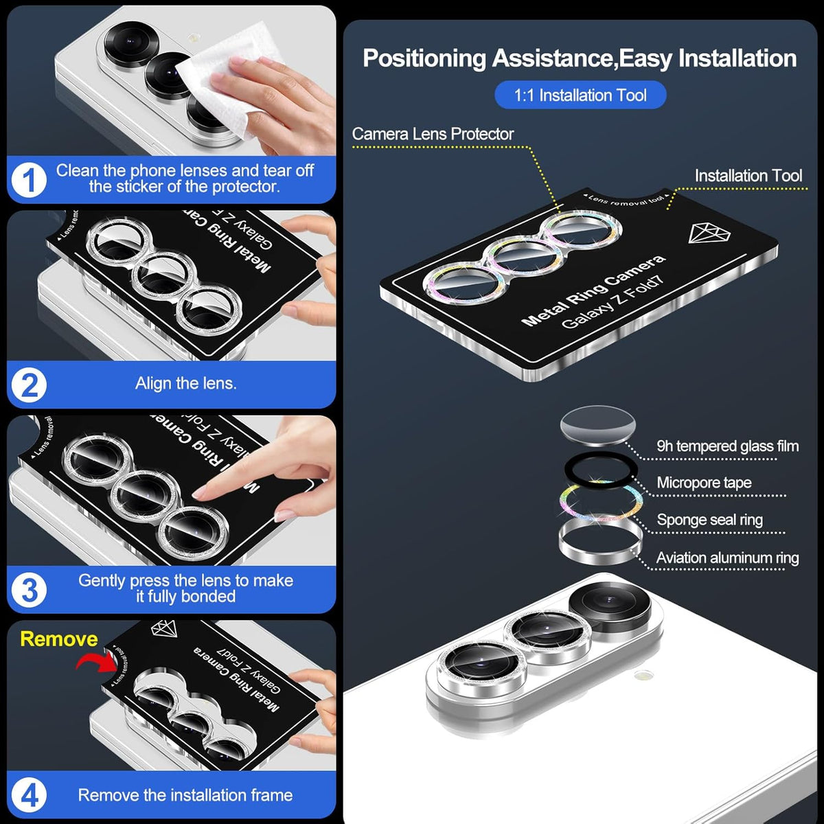for Samsung Galaxy Z Fold 7 Camera Lens Protector, Individual Metal Ring Tempered Glass Lens Cover, [Strong Adsorption] Scratch Resistant Ultra-Thin HD Clear Lens Cover, 1 Set-Colorful Sparkly