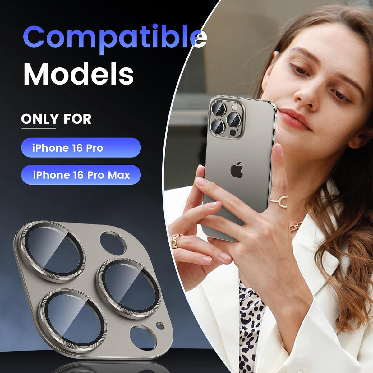 Tensea for iPhone 16 Pro/iPhone 16 Pro Max/iPhone 15 Pro/iPhone 15 Pro Max Camera Lens Protector, Metal Aluminum Alloy Tempered Glass Cover Camera Screen Protector Accessories, Case Friendly