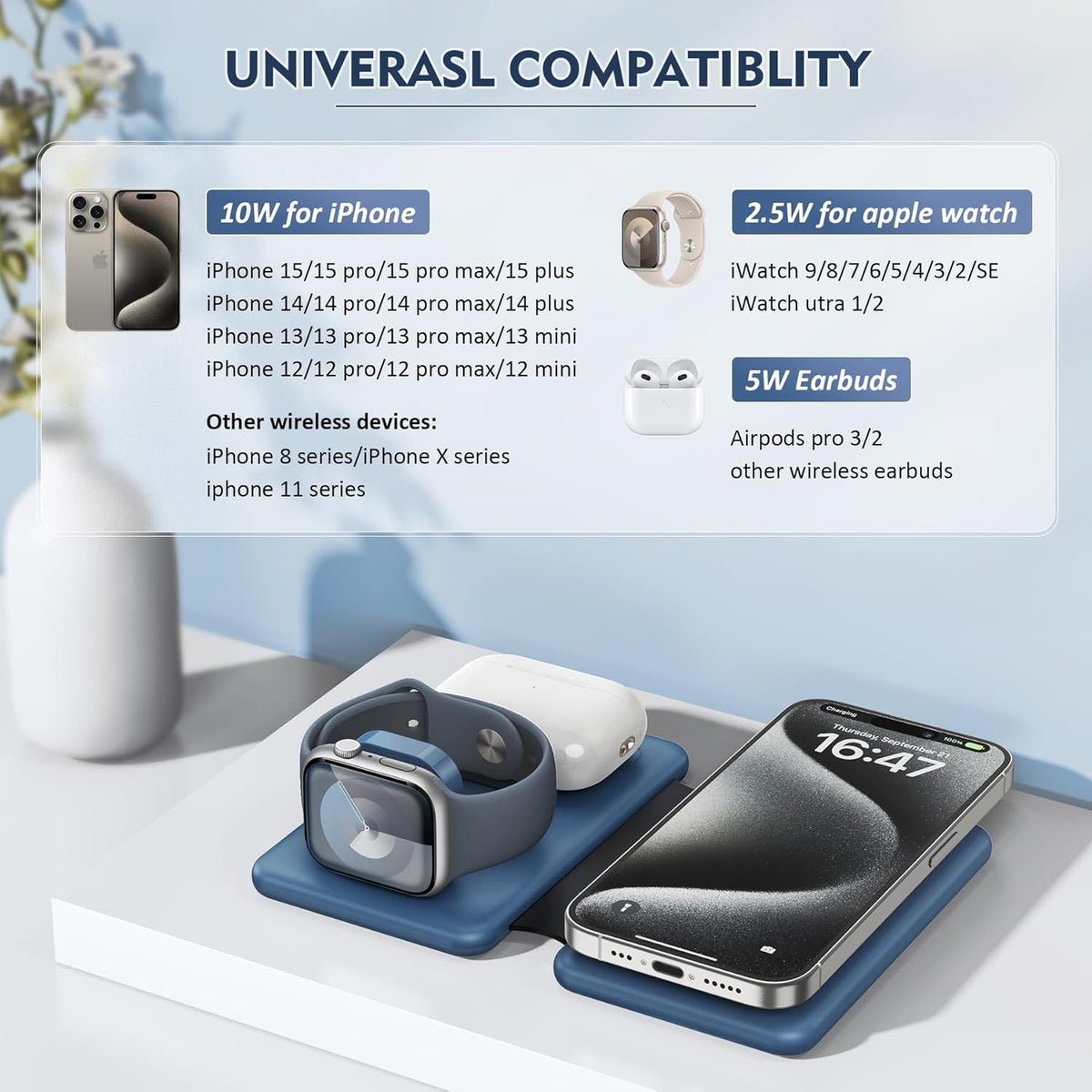 Wireless Charger iPhone - 3 in 1 Charging Station for Apple Devices for iPhone 16 15 14 13 12 Pro Max Plus - Foldable Magnetic Charging Pad for Apple Watch Series & Airpods Series