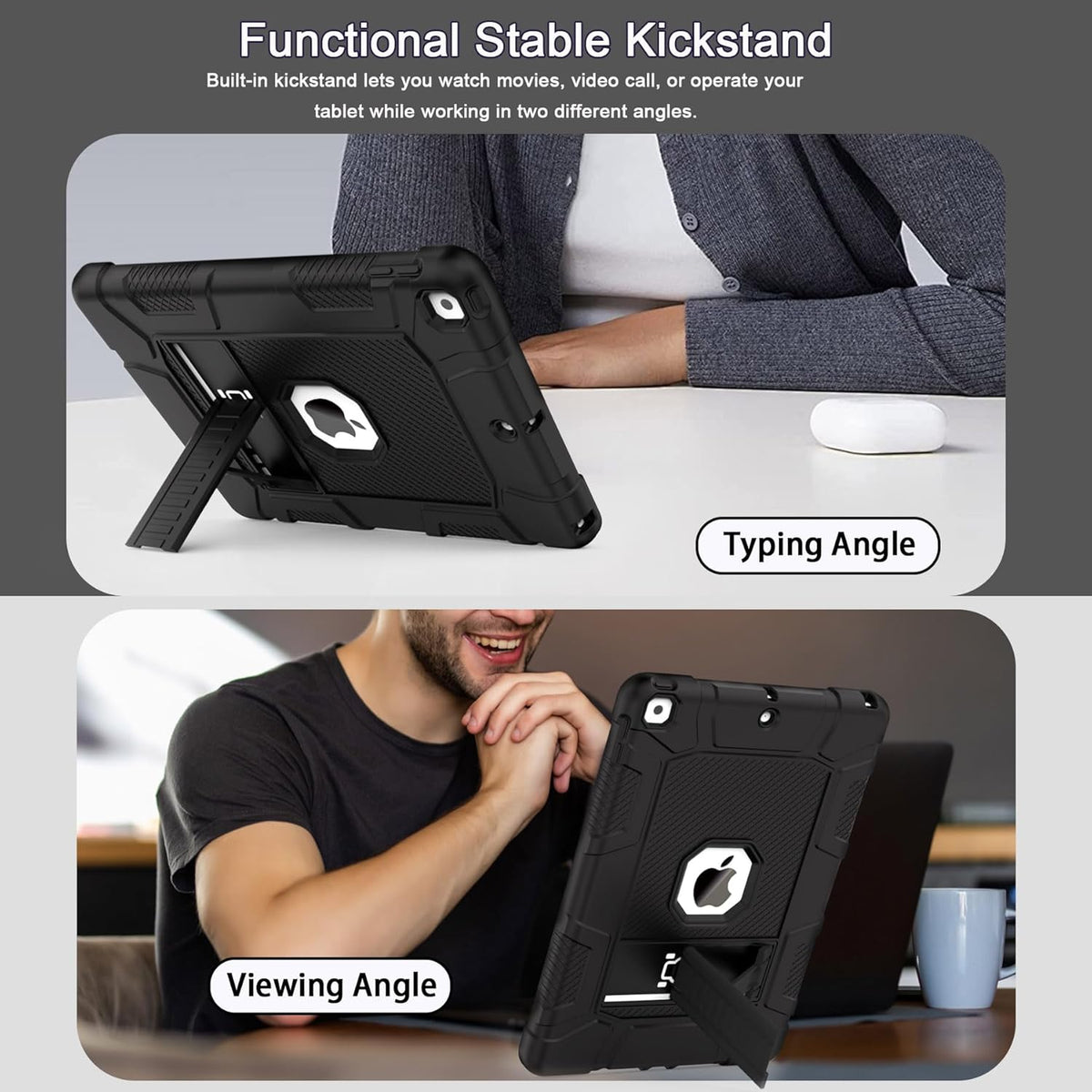 Rantice Case for 9th/8th/7th Generation, Hybrid Shockproof Rugged Drop Protective Case with Kickstand for iPad 10.2 Inch (2021/2020/2019 Release), Black