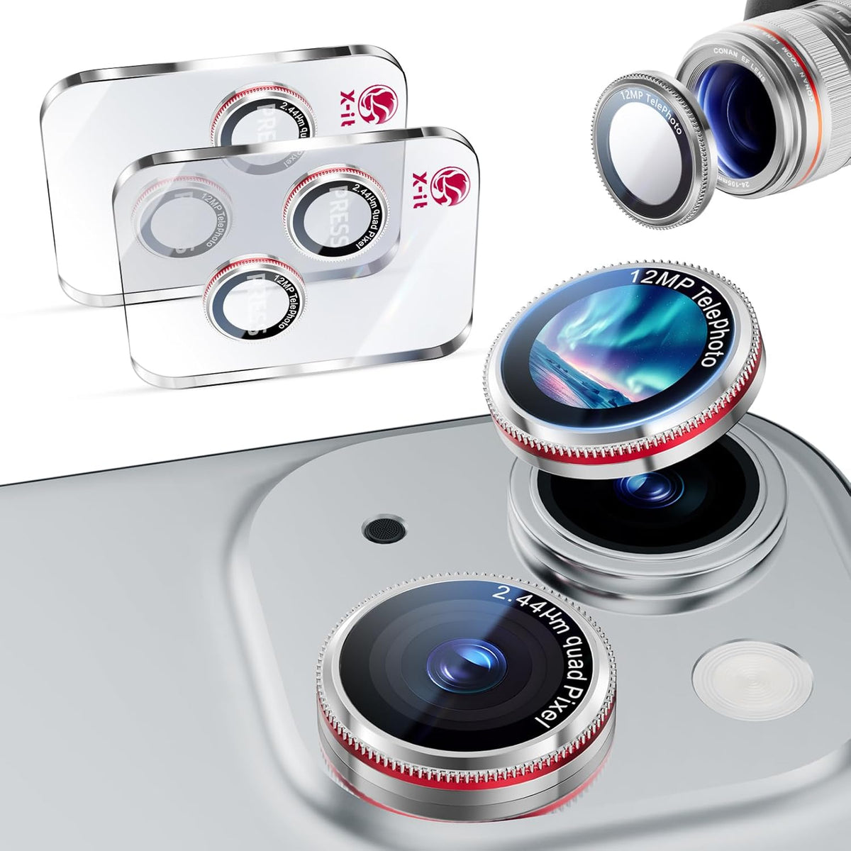 X-it 2 Pack Camera Lens Protector, Shatterproof Anti-Scratch Ultra HD Mechanical Gear Camera Protector, Anti-Glare Tempered Glass Lens Protector for iPhone 15/15 Plus/14/14Plus,Case Friendly,SilverRed