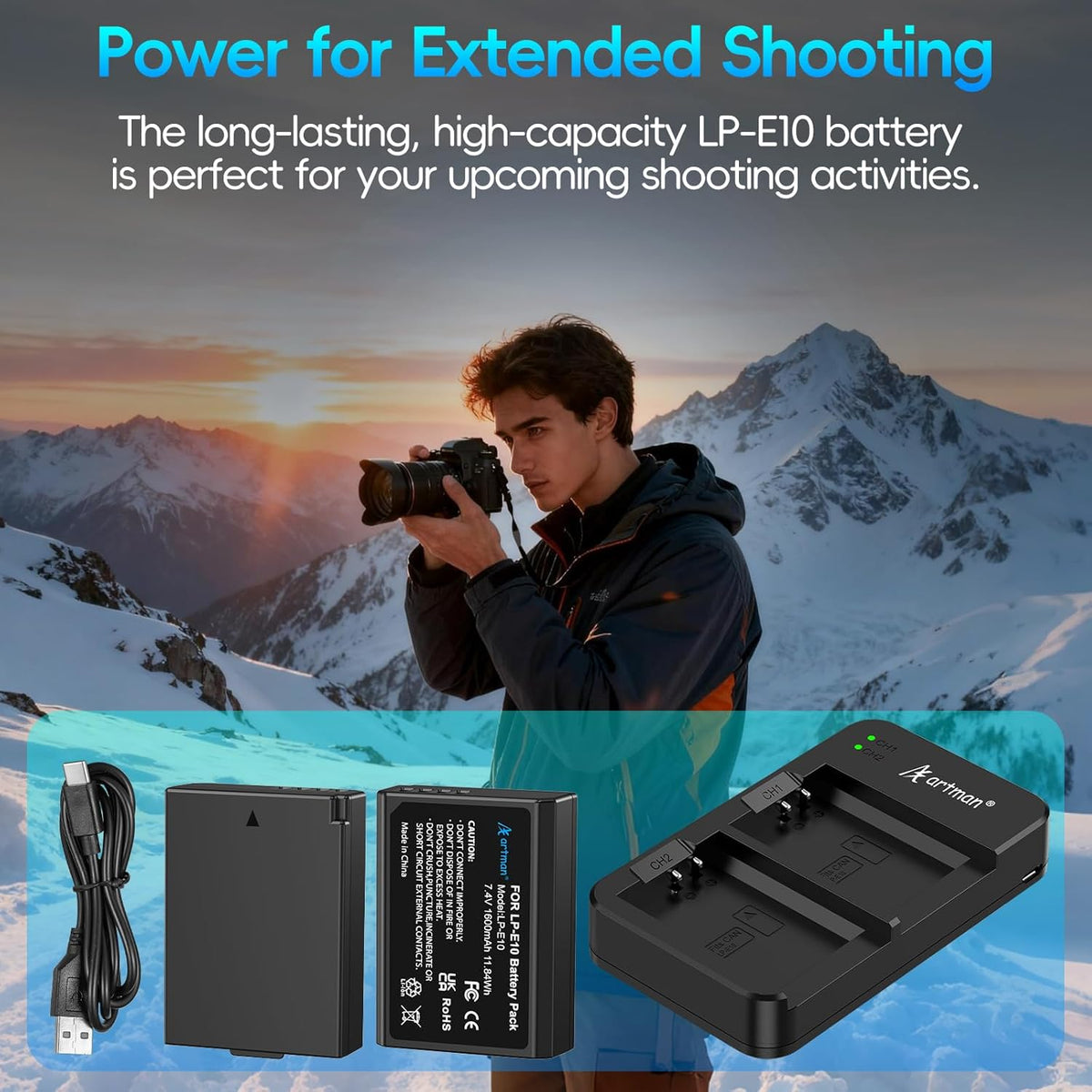 A Artman LP-E10 2-Pack 1600mAh E10 T7 T6 T5 T3 T100, X50 X70 X80 X90, 1100D 1200D 1300D 1500D 2000D 3000D 4000D Artman