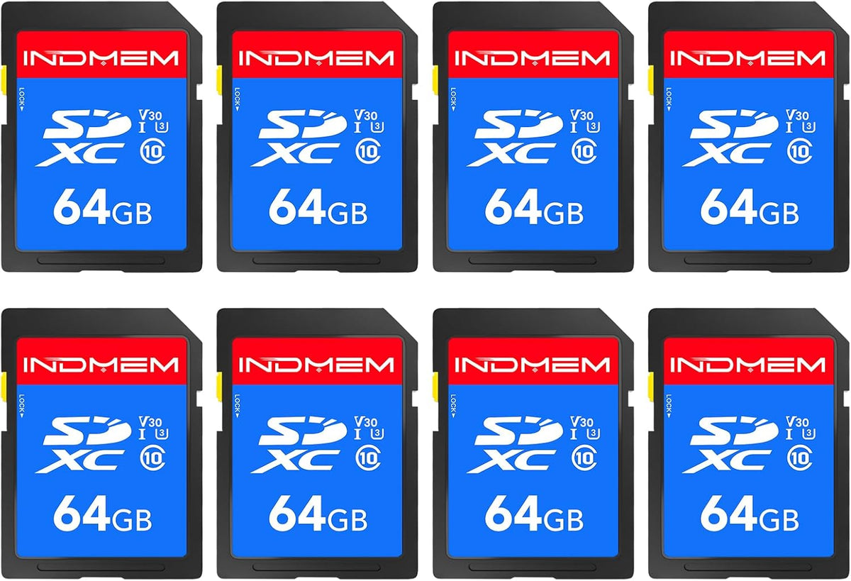 INDMEM SD Card 64GB 8-Pack, Class 10 64GB High Speed up to 90M/S Full HD Video Flash Memory Card MLC Standard Secure Digital Cards Camera Cards