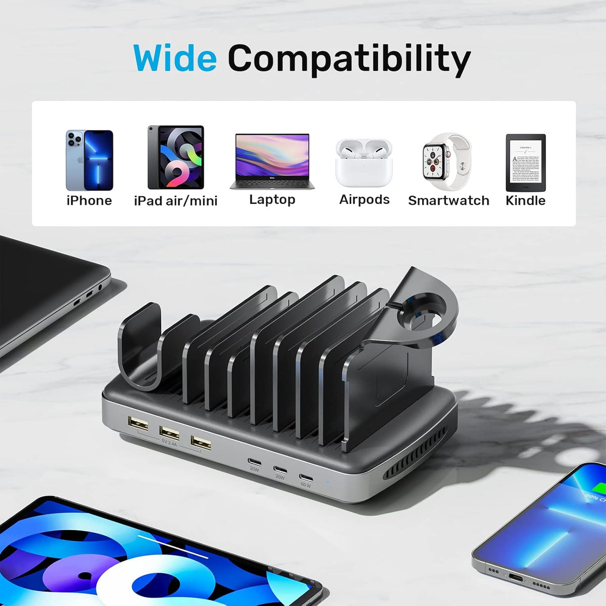 Unitek USB C Charging Station for Multiple Devices Apple, 120W 6 Port Charging Dock with Type-C PD 20W & PD 60W, Fast Charging Stand with Smartwatch & Airpods Holder for iPhone, iPad, Tablet, MacBook