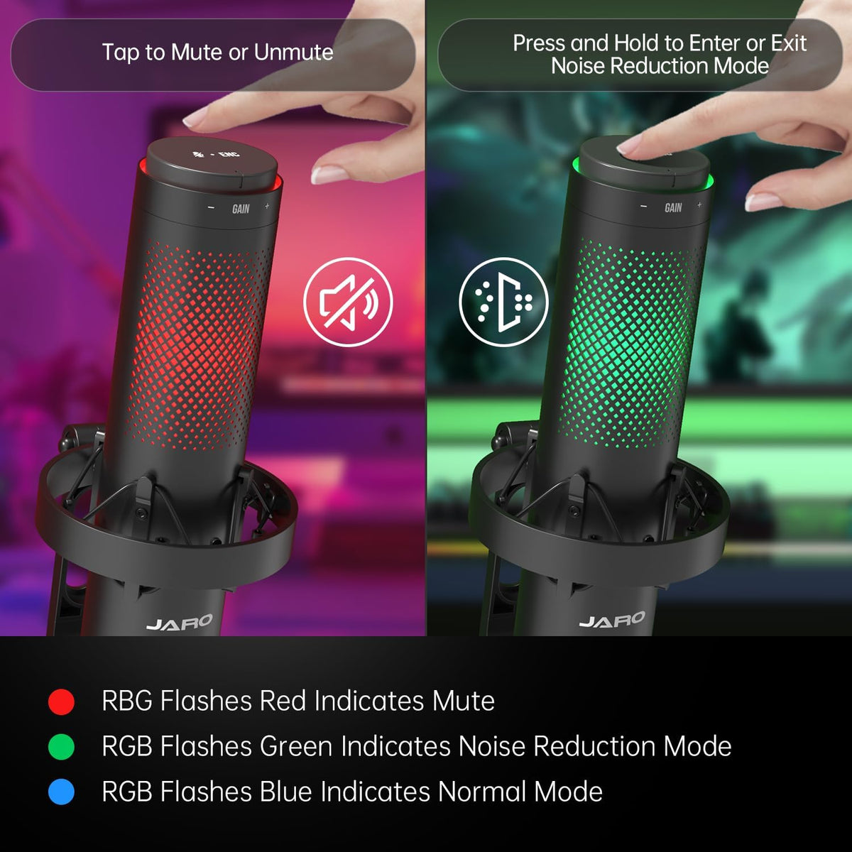 JARO USB Multi-Polar Pattern Condenser Microphone with Mute Noise Cancelation RGB for Podcasting Gaming Streaming YouTube Zoom AMSR Singing Recording [Compatible with PC Laptop Mac PS4/5], J101-CS