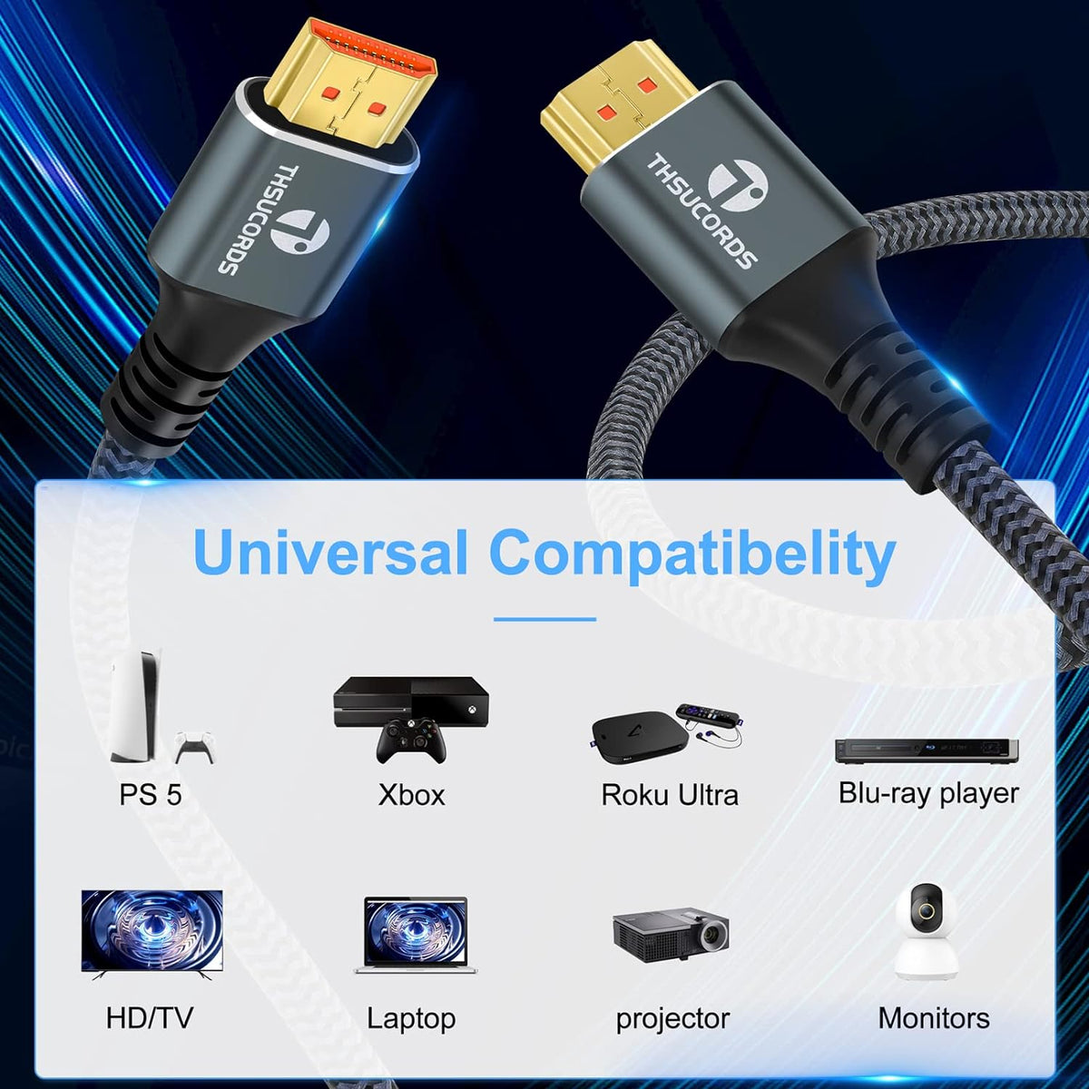 8K 4K 3.3FT, 2.1 8K@60Hz, 4K@120Hz 144Hz 48Gbps TV/PS5/HDTV/Blu-ray Thsucords HDMI Cable High Speed Braided HDMI