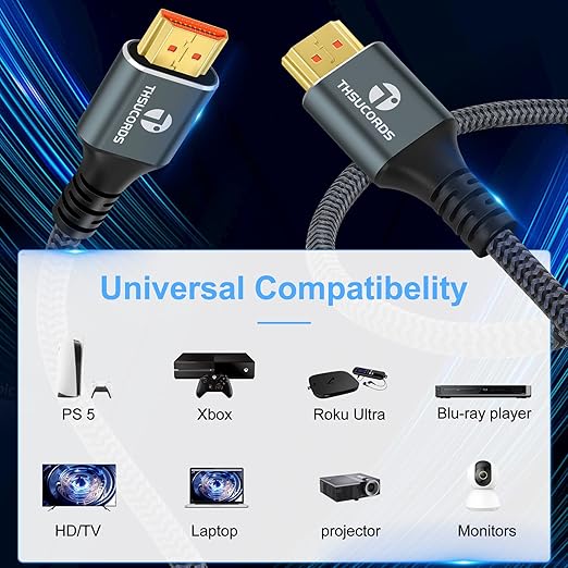 Thsucords 8K 4K HDMI Cable 3.3FT, High Speed Braided HDMI to HDMI 2.1 Cord Supports 8K@60Hz, 4K@120Hz 144Hz 48Gbps Compatible with Roku TV/PS5/HDTV/Blu-ray