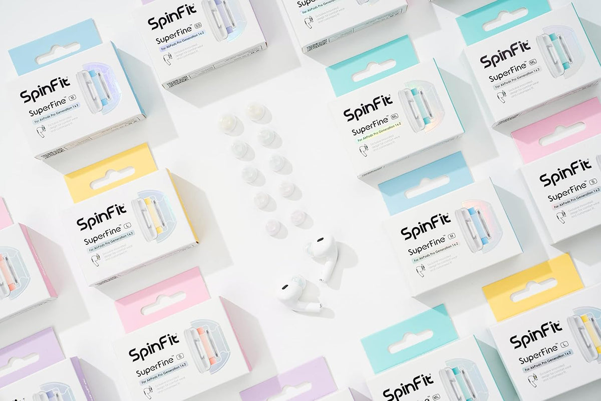SpinFit Superfine for AirPods Pro Gen 1 & 2 - M - Medical Grade Silicone Patented Replacement Ear Tips and Adapters for Supreme Comfort (one Pair)(Ear Tips Installed)