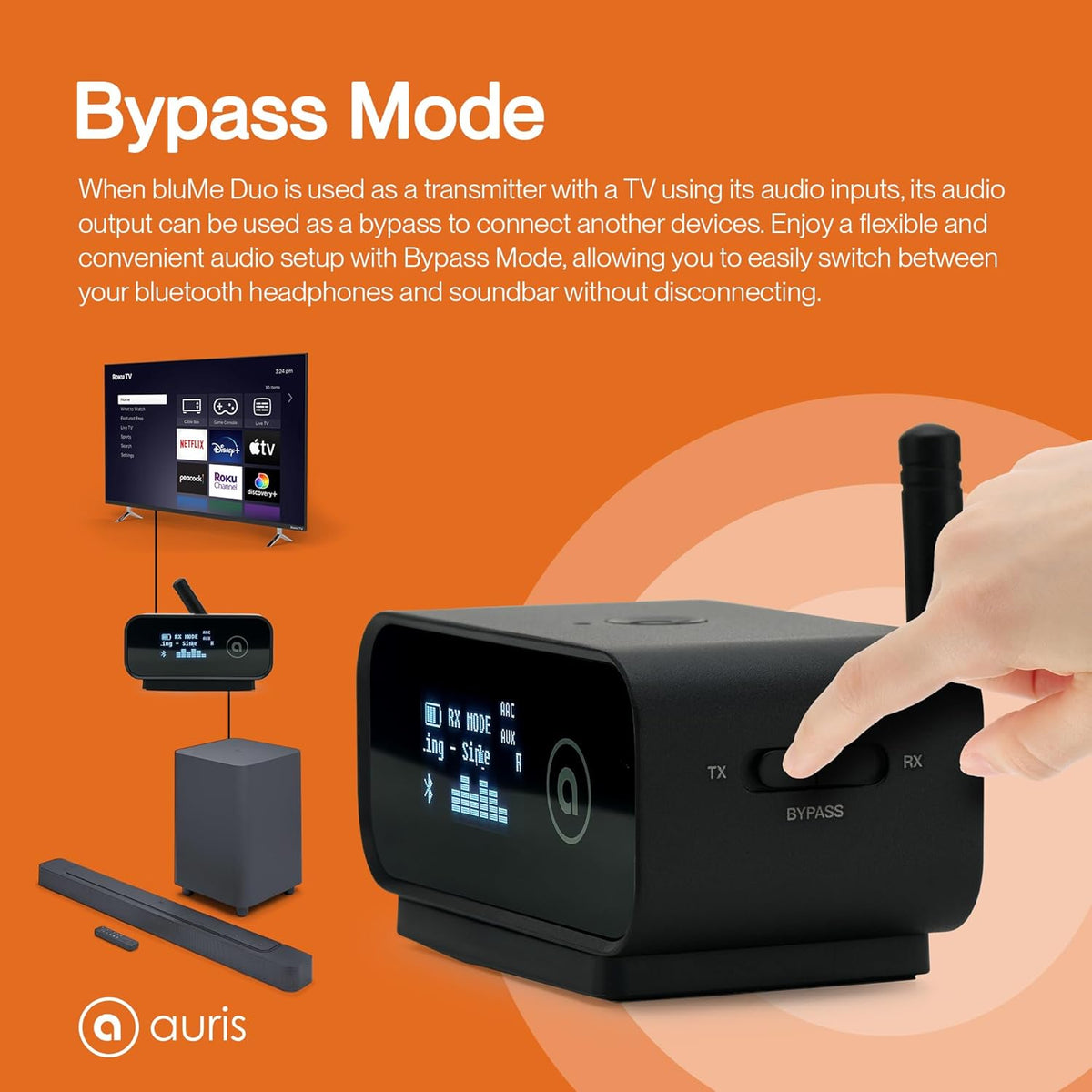 Auris Blume Duo HiFi Bluetooth 5.0 Music TV Transmitter & Receiver Long Range Wireless Adapter | Audiophile DAC, LDAC, aptX HD/LL, Display, Battery & Optical AUX Output Input for Stereo Amplifier Car