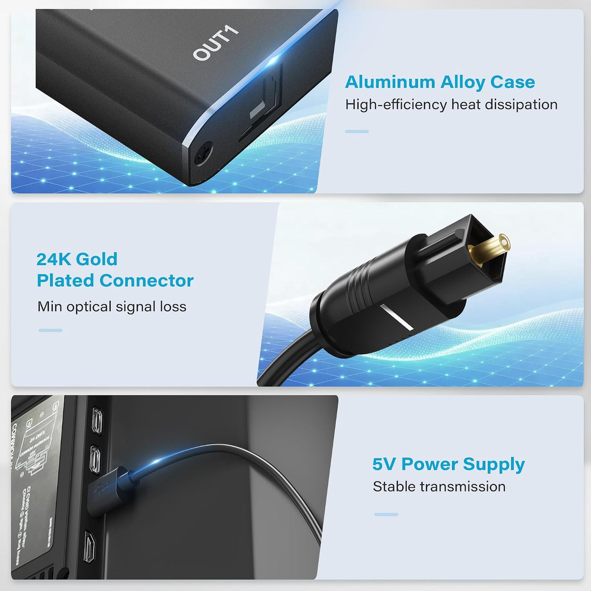 Adoreen 4 1 4 LPCM 2.0, PCM, Dolby, 5.1 Way Digital Optical Audio Splitter In Out Active Toslink SPDIF Fiber Optic