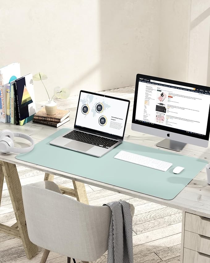 YSAGi Non-Slip Leather Desk Pad L Size, Waterproof Laptop Computer Desk Keyboard Mat, Table Protector Blotter Mat, Large Mouse Pad for Office/Work/Home/Decor(Mint Green, 35.4" x 17")
