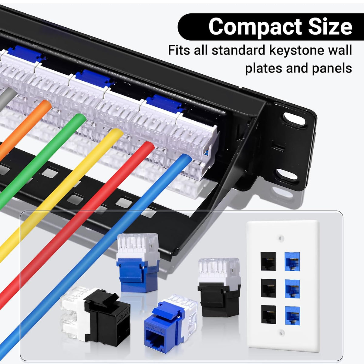 RJ45 Cat6 Keystone Jacks 25-Pack, Ethernet Keystone Jack, 180 Degree Punch-Down Cat 6 Keystone Jack Slim Profile for Wall Plates & Patch Panels – Black