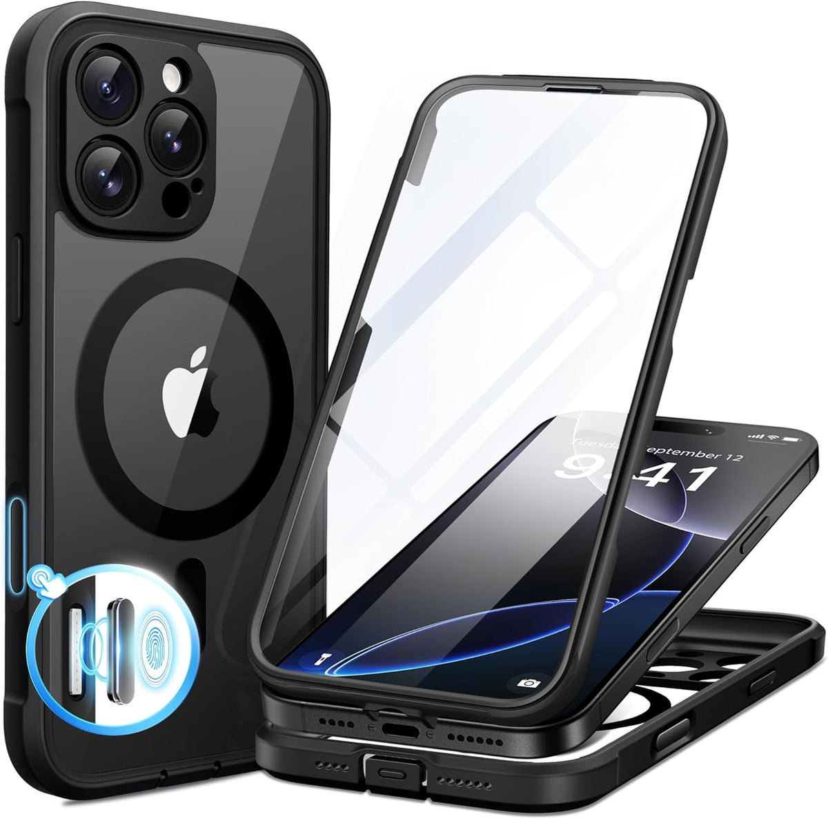 BERFY Magnetic for iPhone 16 Pro Max Case, Compatible with MagSafe, [Built-in 9H Tempered Glass Screen Protector & Upgraded Camera Protection] Full Body Shockproof Phone case for 16 ProMax,Black