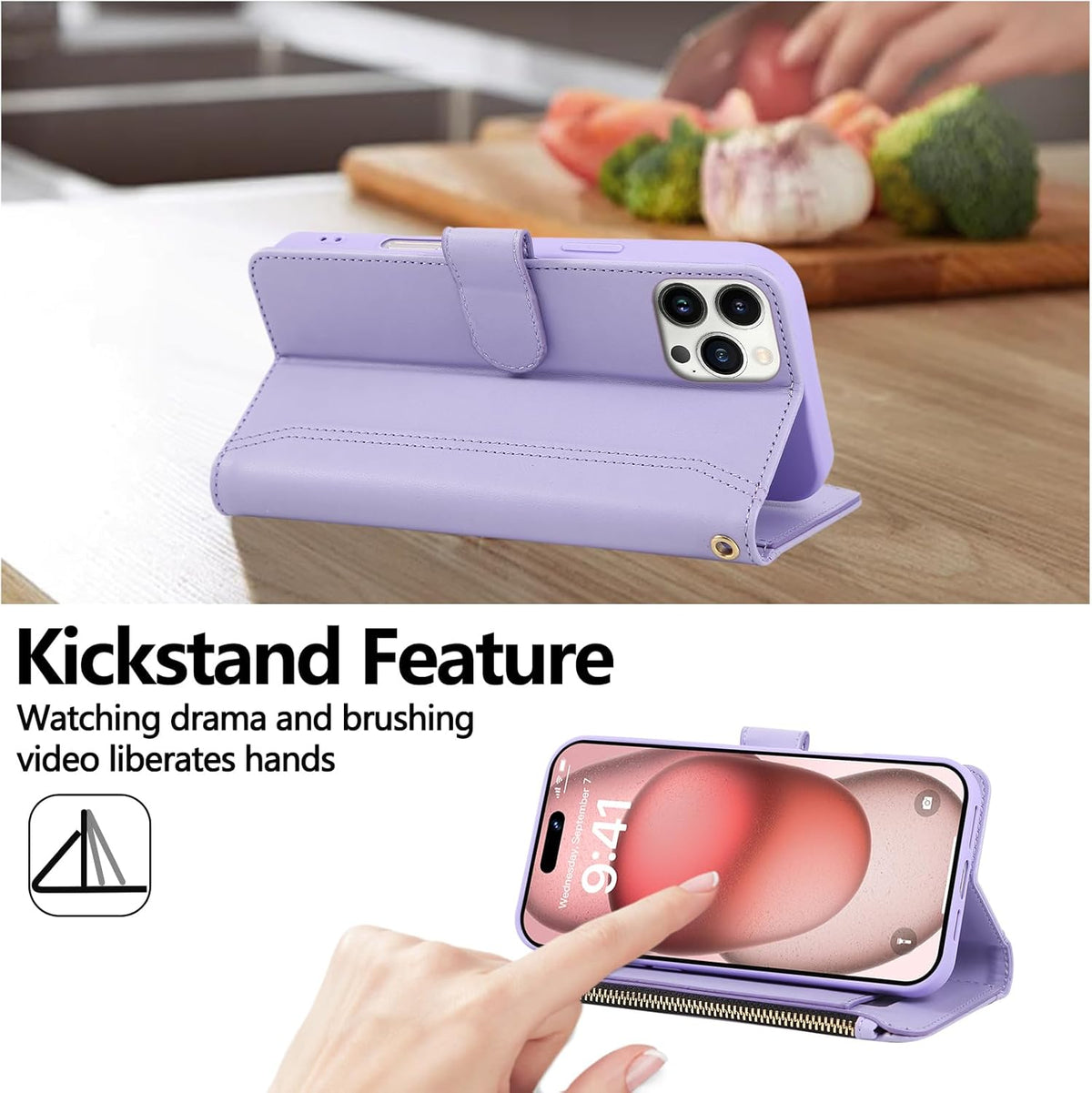 Compatible with iPhone 13 Pro Max Wallet Phone Case-PU Leather Magnetic Flip Cover with Credit Card Slots,Zipper Pocket & Detachable Wrist Strap,Shockproof Design,for Women and Men-Purple