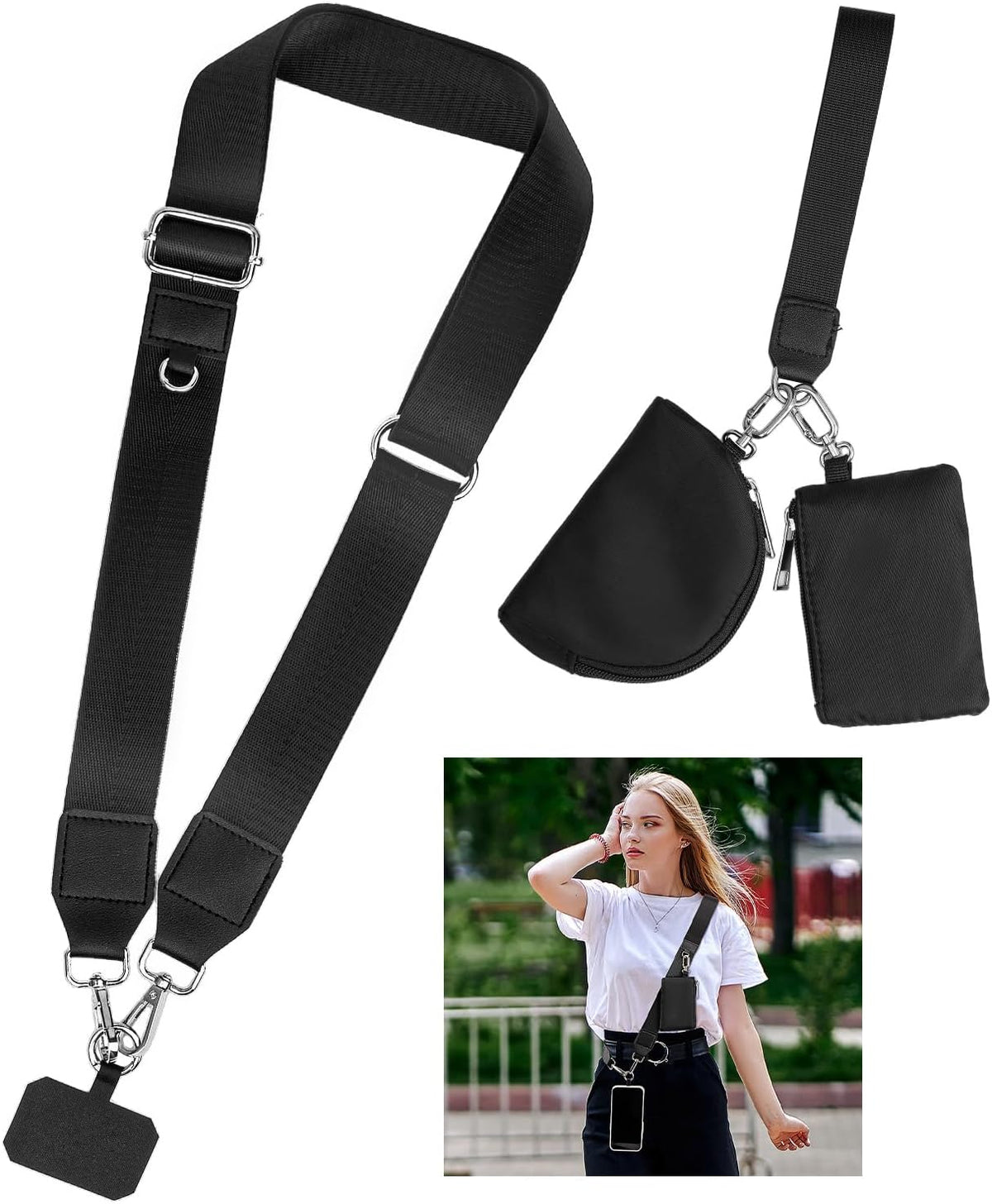 kullder Clip and Go Phone Strap Crossbody with Zipper Wallet, 2 Pcs-Crossbody Lanyard & Wrist Strap-1 Pad, 2 Wallets, Save Girls Phone Strap with Pouch, Universal Lanyard Cellphone Holder (Black)