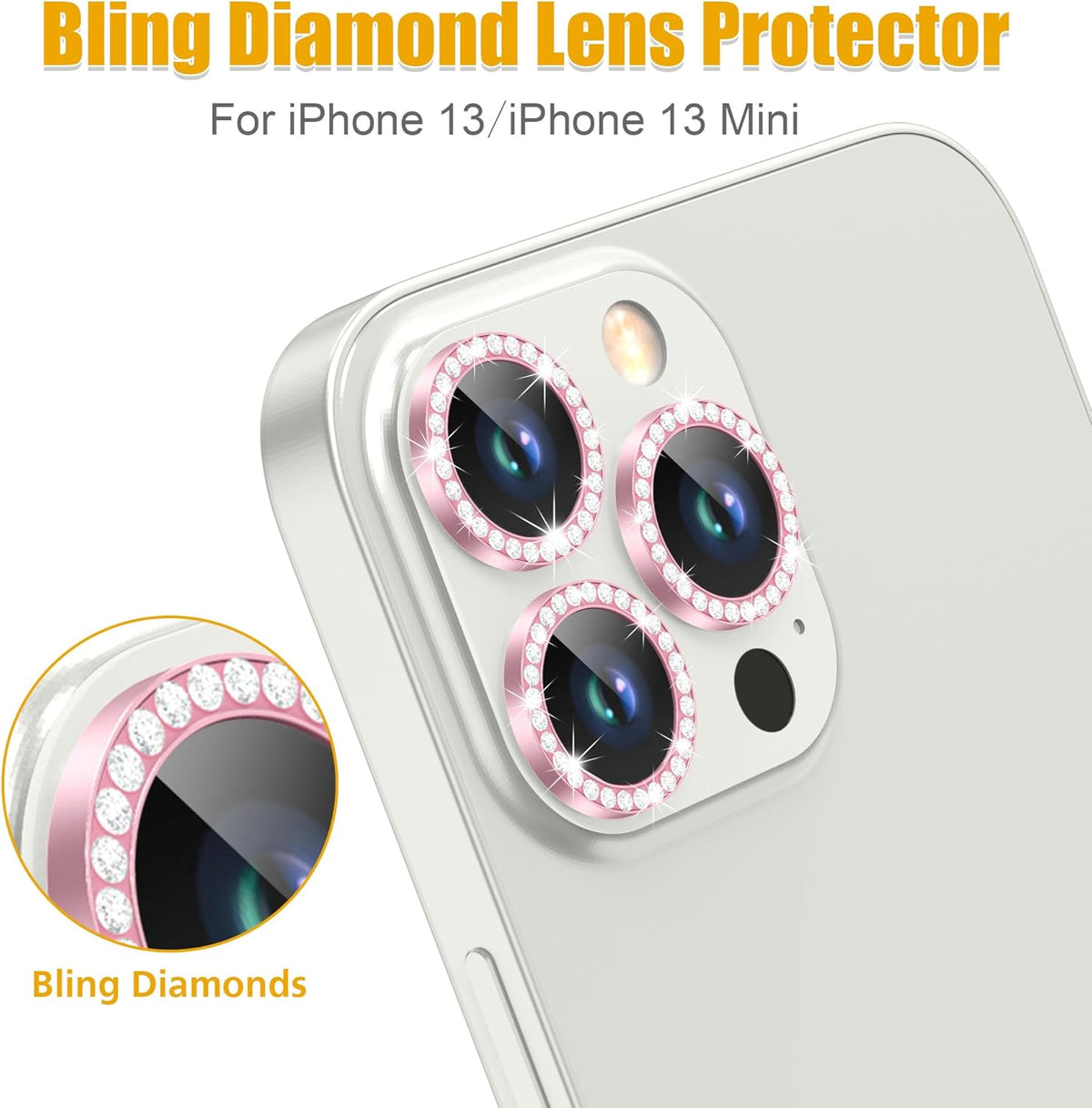 AGVEE 3+3 6 Pack for iPhone 13 Pro 6.1" / 13 Pro Max 6.7" Camera Lens Cover Protector, Bling Diamond & Bling Glitter Metal Ring 9H Tempered HD Glass Camera Cover Protector Film, Bling-Pink