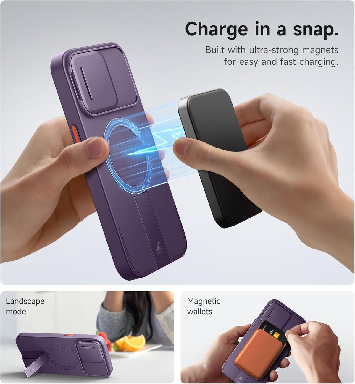 SURITCH for iPhone 15 Pro Max Case with Magnetic Camera Slide Cover and Adjustable Kickstand, Compatible with MagSafe, Shockproof Bumper Case Slim Protective Cover 6.7 Inch, Dark Purple