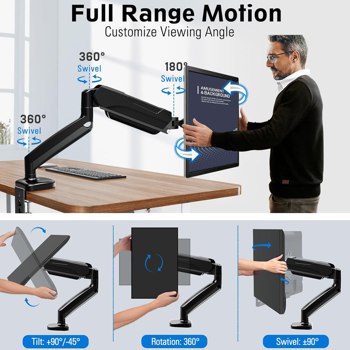 MOUNTUP Monitor Arm Desk Mount, Fully Adjustable, Computer Monitor Stand for 17-30 Inch, 4.4-17.6lbs Screen, VESA Mount with C Clamp & Grommet Base, Black
