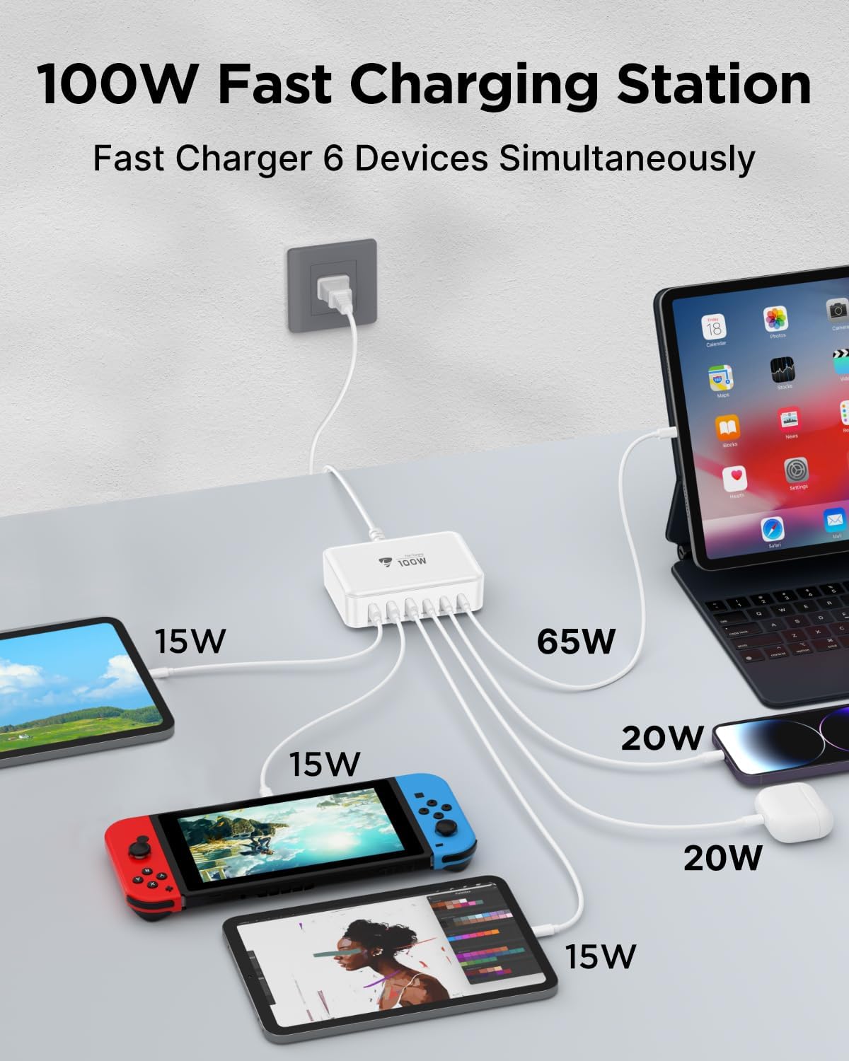 Aiminu USB C Charger Block Charging Station 6-Port 100W GaN USB C Fast Charging for Multiple Devices PD 3.0 Type C & USB A Wall Charger Power Adapter for All iPhone iPad Samsung Android Pixel Series