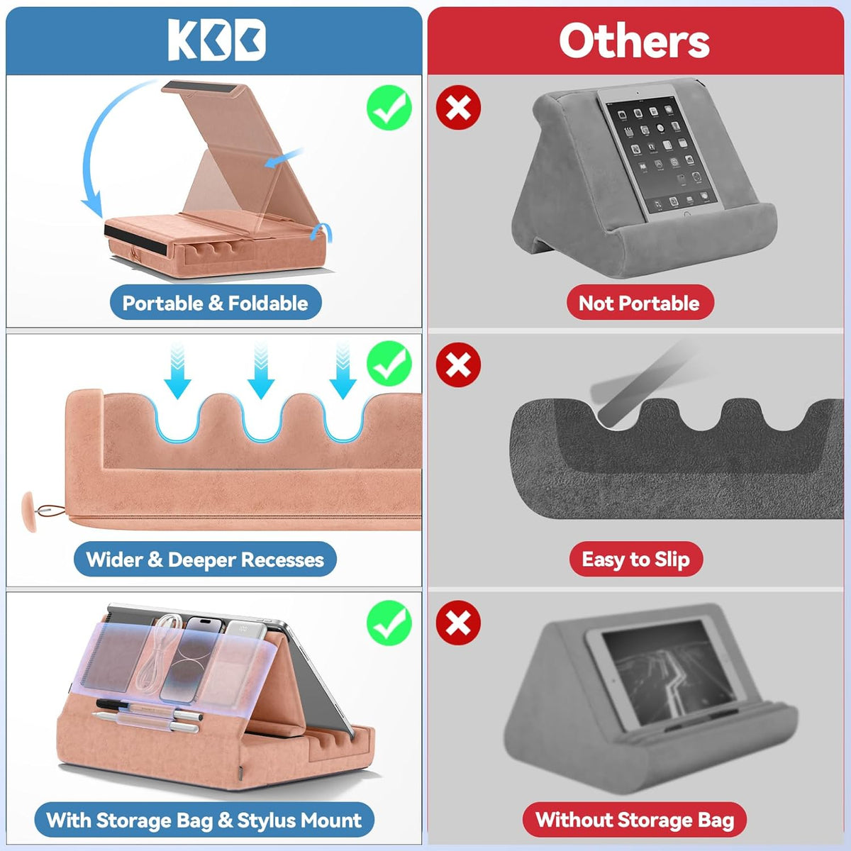 KDD Tablet Pillow Holder, Foldable iPad Stand for Lap, Bed and Desk -Tablet Soft Pad Dock with Pocket & Stylus Mount Compatible with iPad Pro 12.9, 10.5, 9.7 Air Mini 6 5 4 3, E-Reader