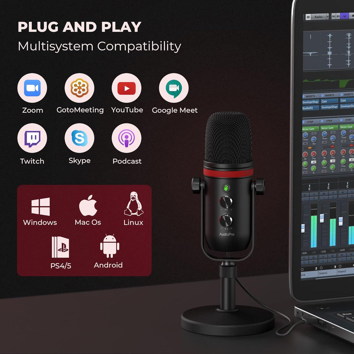 AUDIOPRO USB Microphone, Computer Condenser Gaming Mic for PC/Laptop/PS4/5, Headphone Output, Volume Control, USB Type C Plug and Play, LED Mute Button, for Streaming, Podcast, Studio Recording