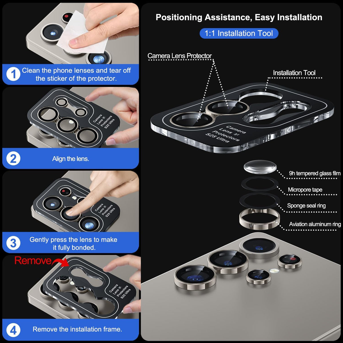 WSKEN for Samsung Galaxy S25 Ultra Camera Lens Protector - Ultra Thin Case Friendly, 9H Shatterproof Tempered Glass with Aluminum Metal Circle Camera Screen Protector Cover Accessories, Gray