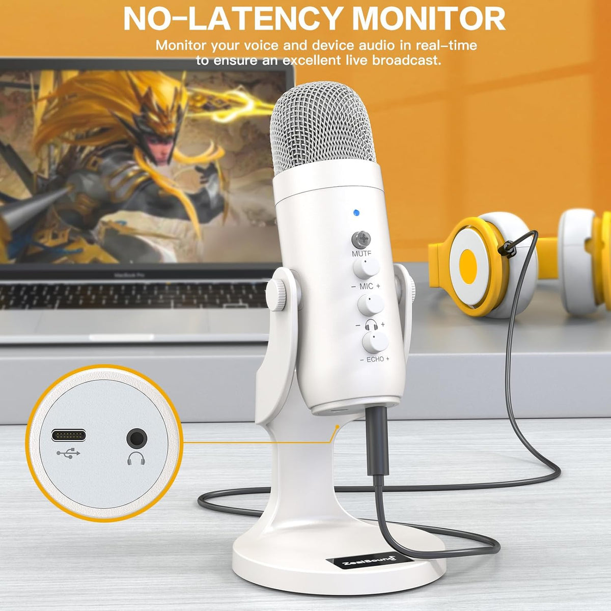 ZealSound USB Microphone,Quick Mute Noise Cancel for Phone Computer PC PS5,Gaming Microphone with Gain Control,Echo Monitor Volume Adjust for Streaming Vocal Recording ASMR Podcast Video K66 White