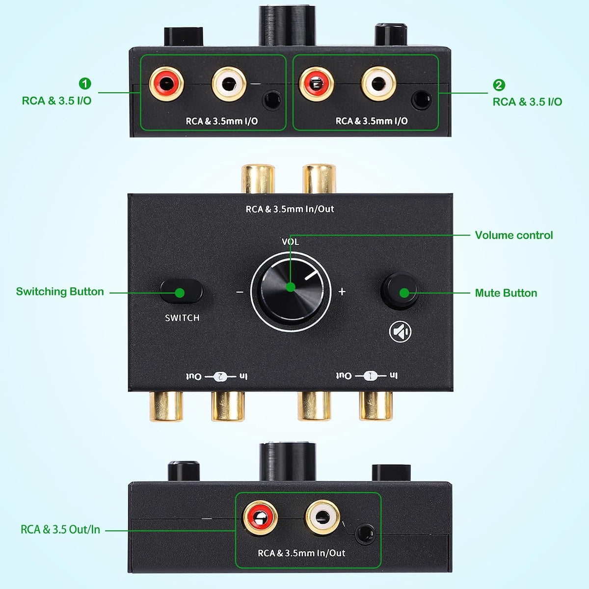 ATNEDCVH 3.5mm 1 2 2 1 2-Way RCA Port in Out / in Out Bi-Directional Audio Switcher, Stereo L/R Sound Channel Speaker