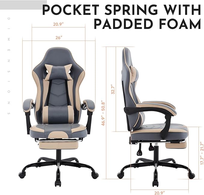 Beige+Blue Ergonomic Gaming Chairs for Adults Swivel Height Adjustable Comfortable Office Desk Chair with Footrest and Lumbar Support PU Upholstered Computer Chair with Headrest (Beige+Blue)