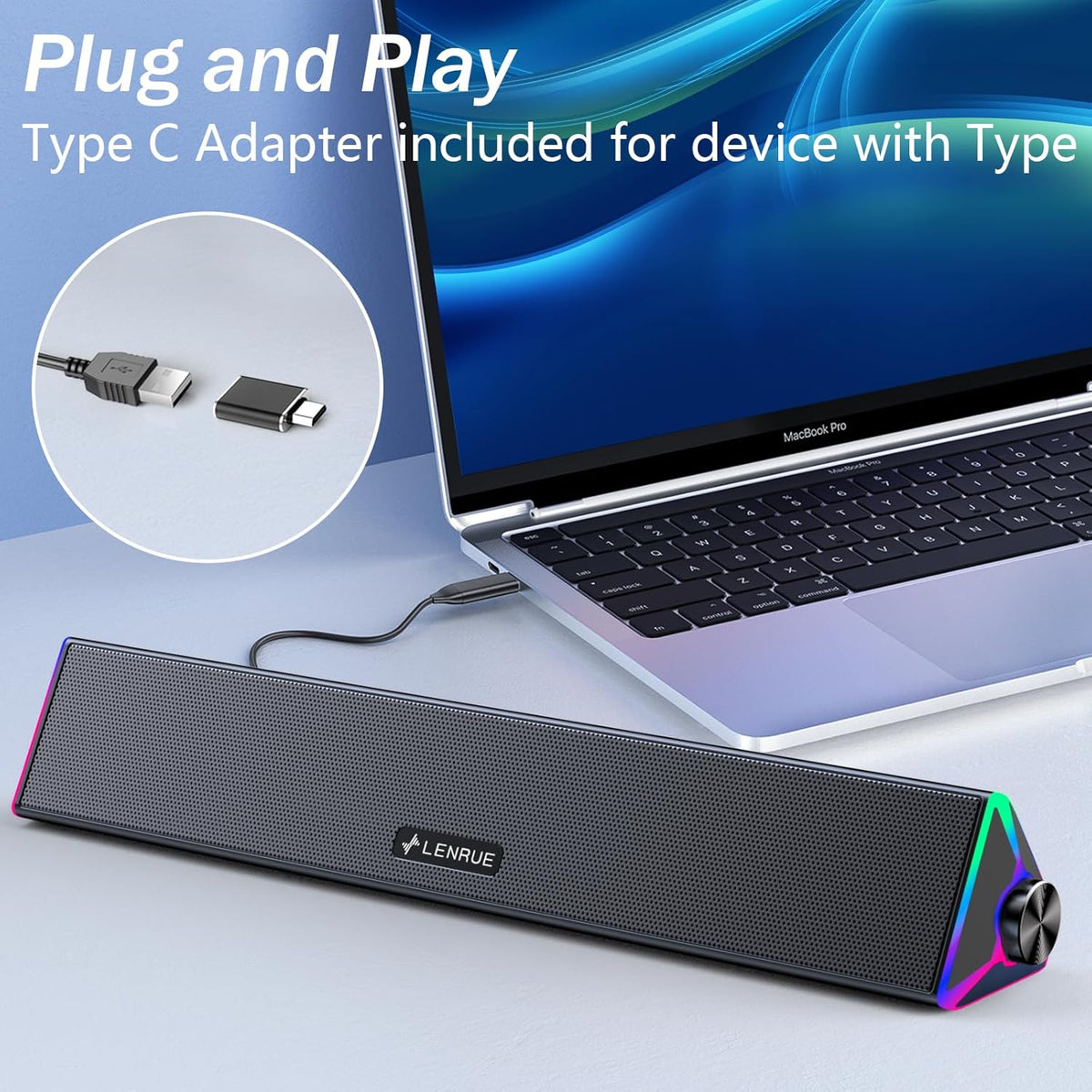 LENRUE Computer Speakers for Desktop,PC Speakers with Single USB for Power and Stereo Sound,Touch Lights Gaming Speakers Sound bar for Desktop PC Monitor Laptop(USB-C Adapter Included)