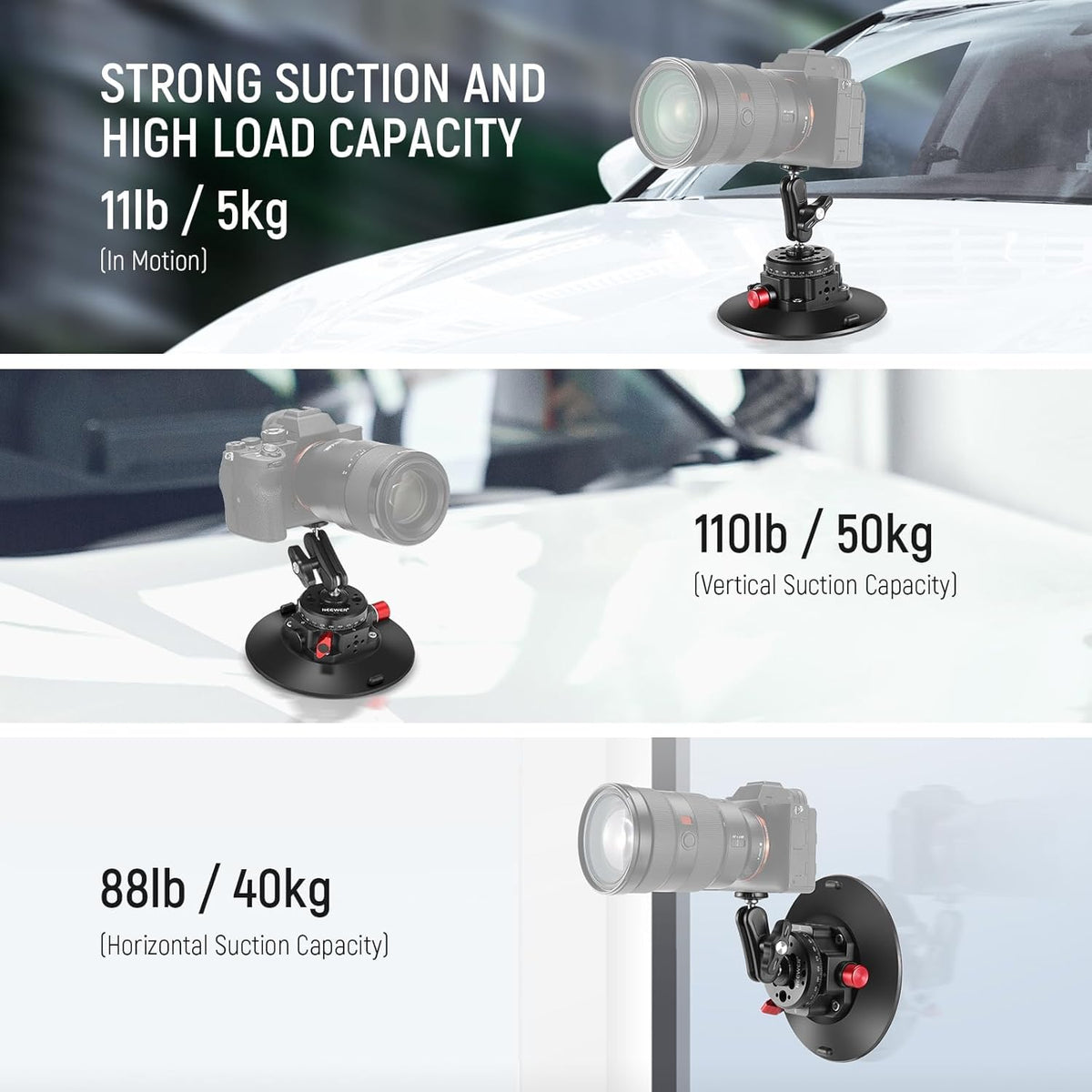 NEEWER 6" Suction Cup Camera Mount with Ball Head Magic Arm, 2 Pack Metal Car Mount for Camera/Action Camera/Phone, Air Pump Vacuum on Car or Window Glass with 1/4" 3/8" ARRI Mounting Holes, CA013