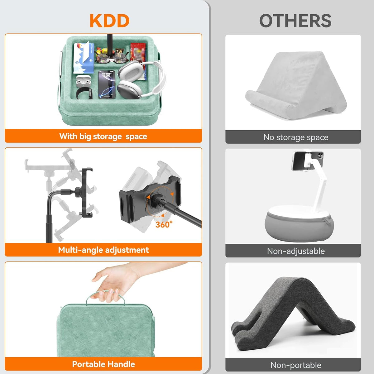 KDD Tablet Pillow Holder - 360°Adjustable iPad Pillow Stand for Lap, Bed and Desk - Gooseneck Tablet Soft Pad Dock with Storage Tray and Pocket Compatible with iPad Pro 12.9, Air Mini, Phone,(Green)