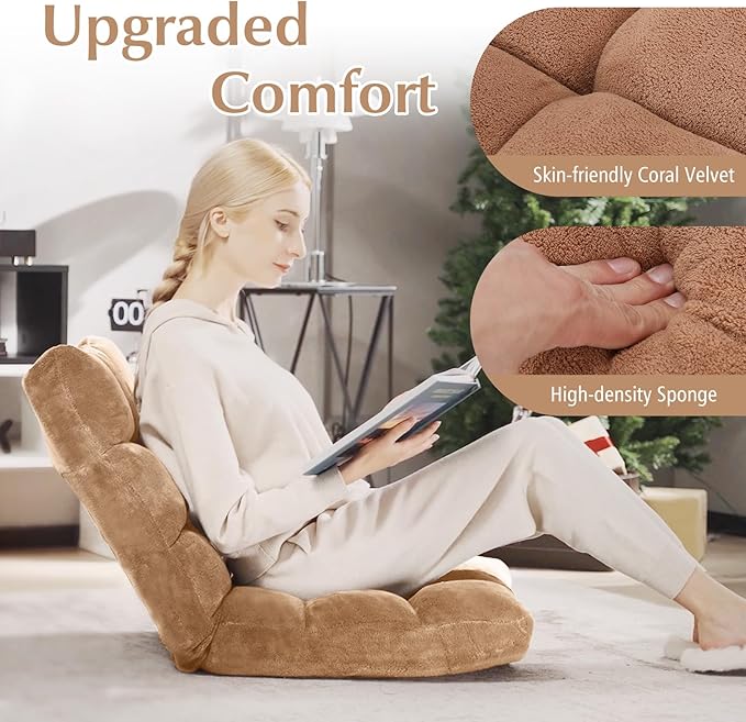 BETTARY Floor Chair with Back Support 14-Position Adjustable Lazy Floor Sofa with Memory Foam Padding Couch Recliner for Adults Folding Sleep Bed for Reading Meditating Gaming (Brown)
