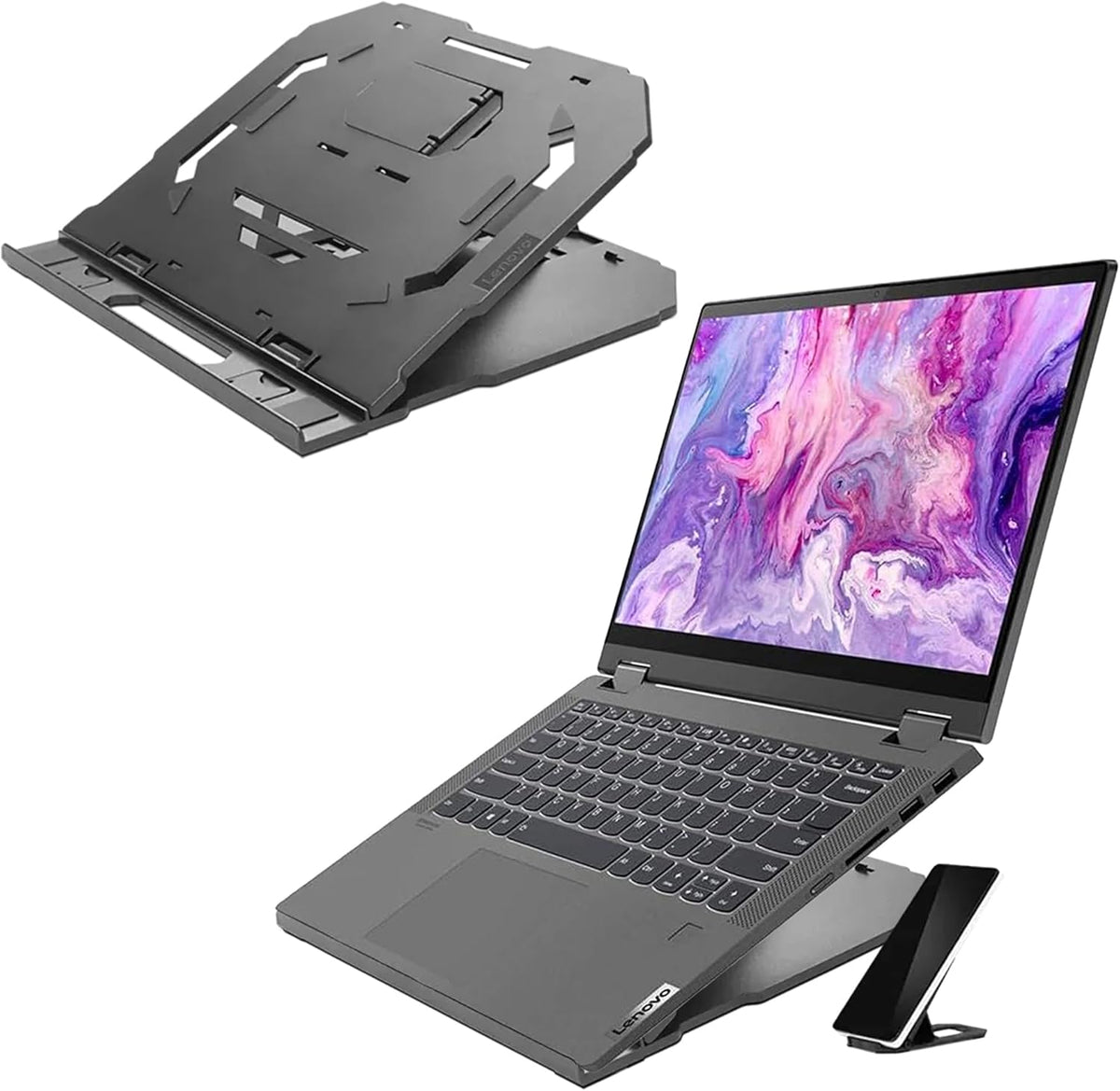 Lenovo 2-in-1 Laptop Stand - Adjustable, Portable, Foldable, Ergonomic, Non-Slip, Compatible with Laptops up to 15" and Cell Phones, Ideal for Travel