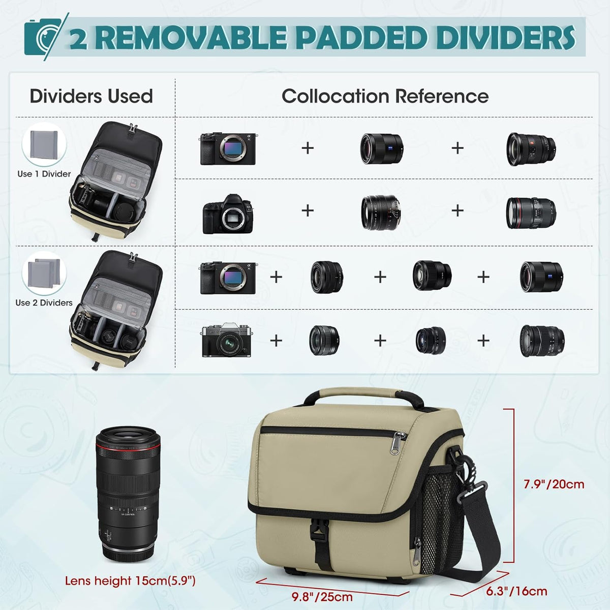 RAINSMORE Camera Bag, DSLR/SLR/Mirrorless Camera Case with Tripod Holder Waterproof Camera Sling Bag Crossbody Camera Bags for Photographers with Rain Cover for Canon/Nikon/Sony/Fuji, Khaki