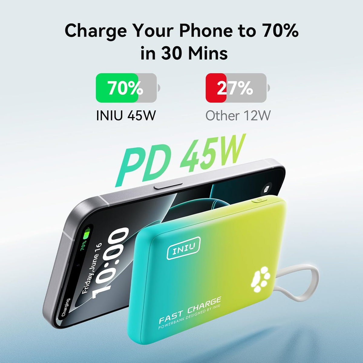 INIU PawGo Portable Charger, 45W PD 10000mAh Fast Charging Slim Power Bank, Built-in USB C Cable Battery Pack, Travel Essentials Powerbank for iPhone 16/15 Pro Max, Samsung S25/S24 etc, Tropic Punch