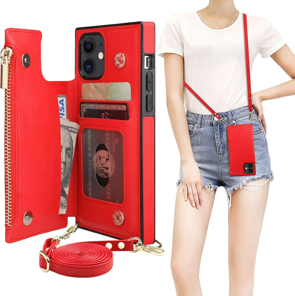 Bocasal Crossbody Wallet Case for iPhone 11 with Card Holder,Zipper Card Slot Protector Shockproof Purse Cover with Removable Cross Body Strap 6.1 Inch(Red)