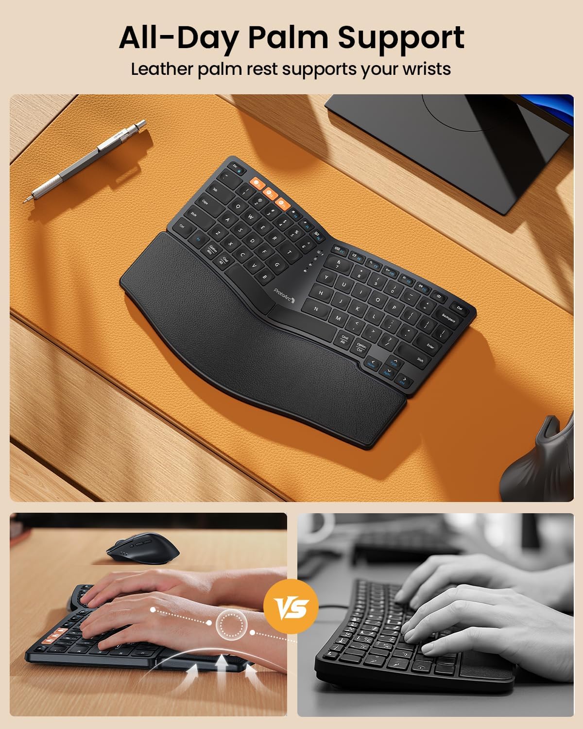 ProtoArc Bluetooth Ergonomic Keyboard, EK04 Mini Compact Wireless Ergo Keyboard with Palm Rest, Split Design, Natural Typing, Bluetooth and USB, Rechargeable, for Windows/Mac - Black
