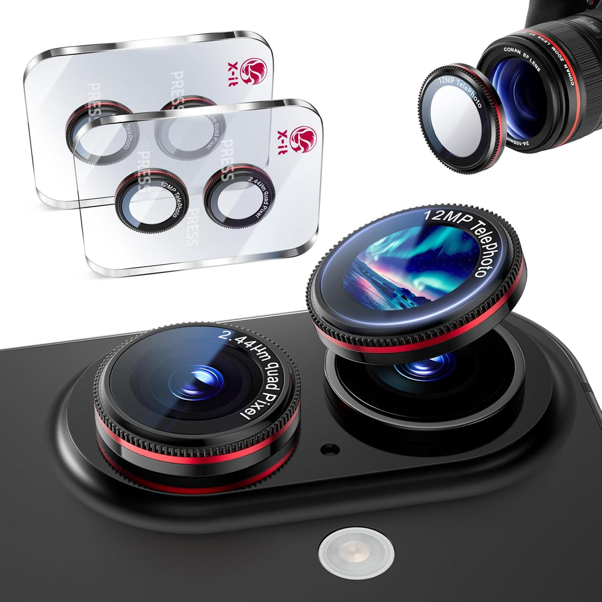 X-it 2 Pack Camera Lens Protector, Shatterproof Anti-Scratch Ultra HD Mechanical Gear Camera Protector, Anti-Glare 9H Tempered Glass Lens Protector for iPhone 16/iPhone 16 Plus, Case Friendly,BlackRed