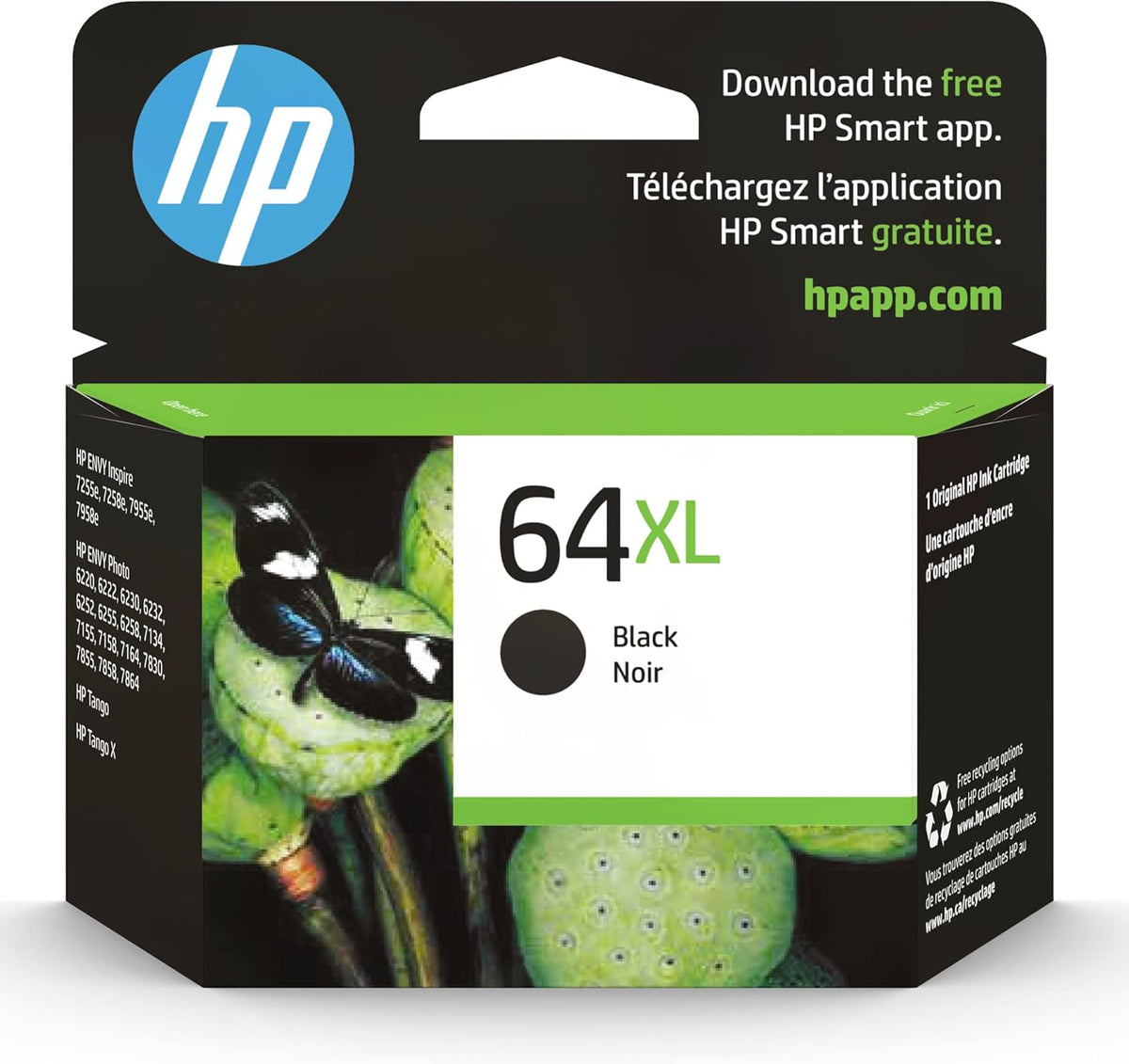 HP 64XL Black High-yield Ink Cartridge for HP Printers | Works with Printer Series: ENVY Inspire 7950e; ENVY Photo 6200, 7100, 7800; Tango | Eligible for Instant Ink | N9J92AN