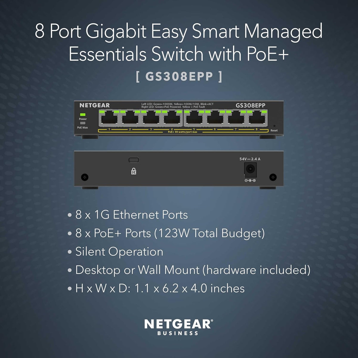 NETGEAR 8 Port PoE Gigabit Ethernet Easy Smart Managed Essentials Switch (GS308EPP) - with 8 x PoE+ @ 123W, Desktop or Wall Mount