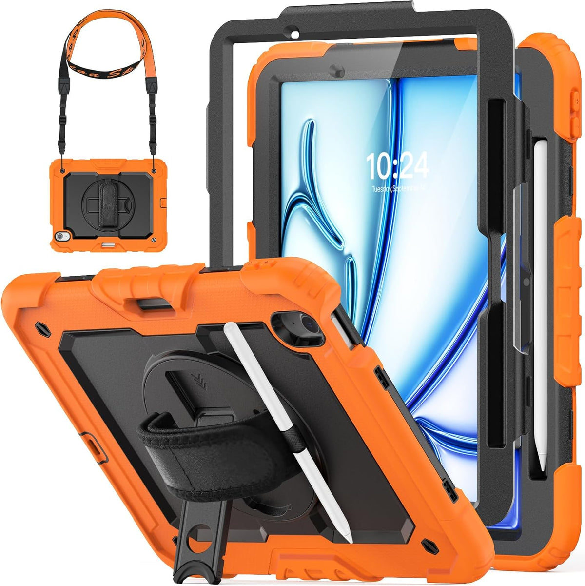 HXCASEAC Case for iPad Air 11 inch (2025 M3 / 2024 M2), Shockproof Design with Pencil Holder/Screen Protector/Rotating Hand Strap, Protective Cover for iPad Air 7th/6th Generation - Orange