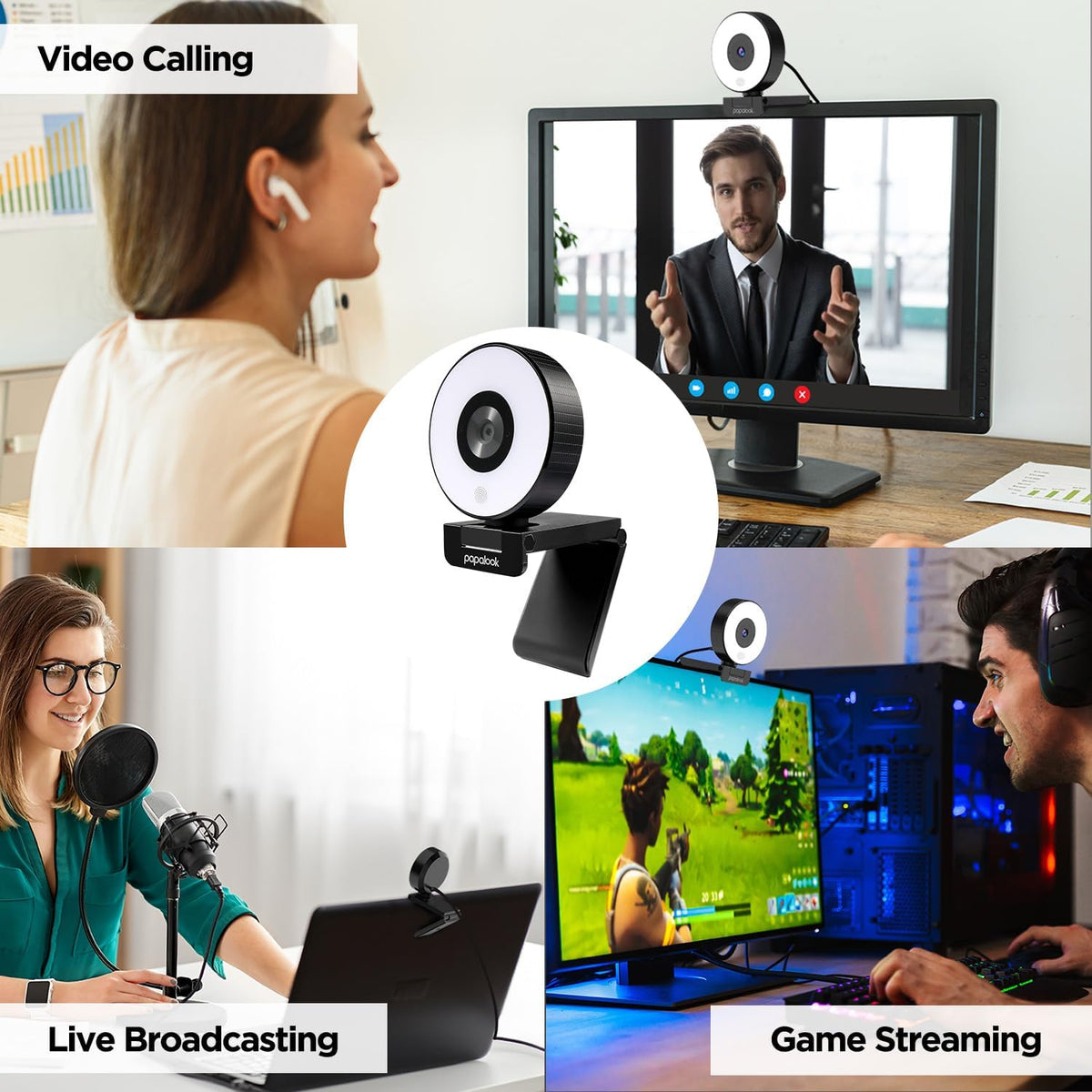 papalook 2K/1080P Webcam with Light and Privacy Cover, PA552 Full HD Streaming Web Camera with Dual Microphones, Plug and Play USB Computer Webcam for PC Laptop Desktop, Mac Zoom Skype Teams