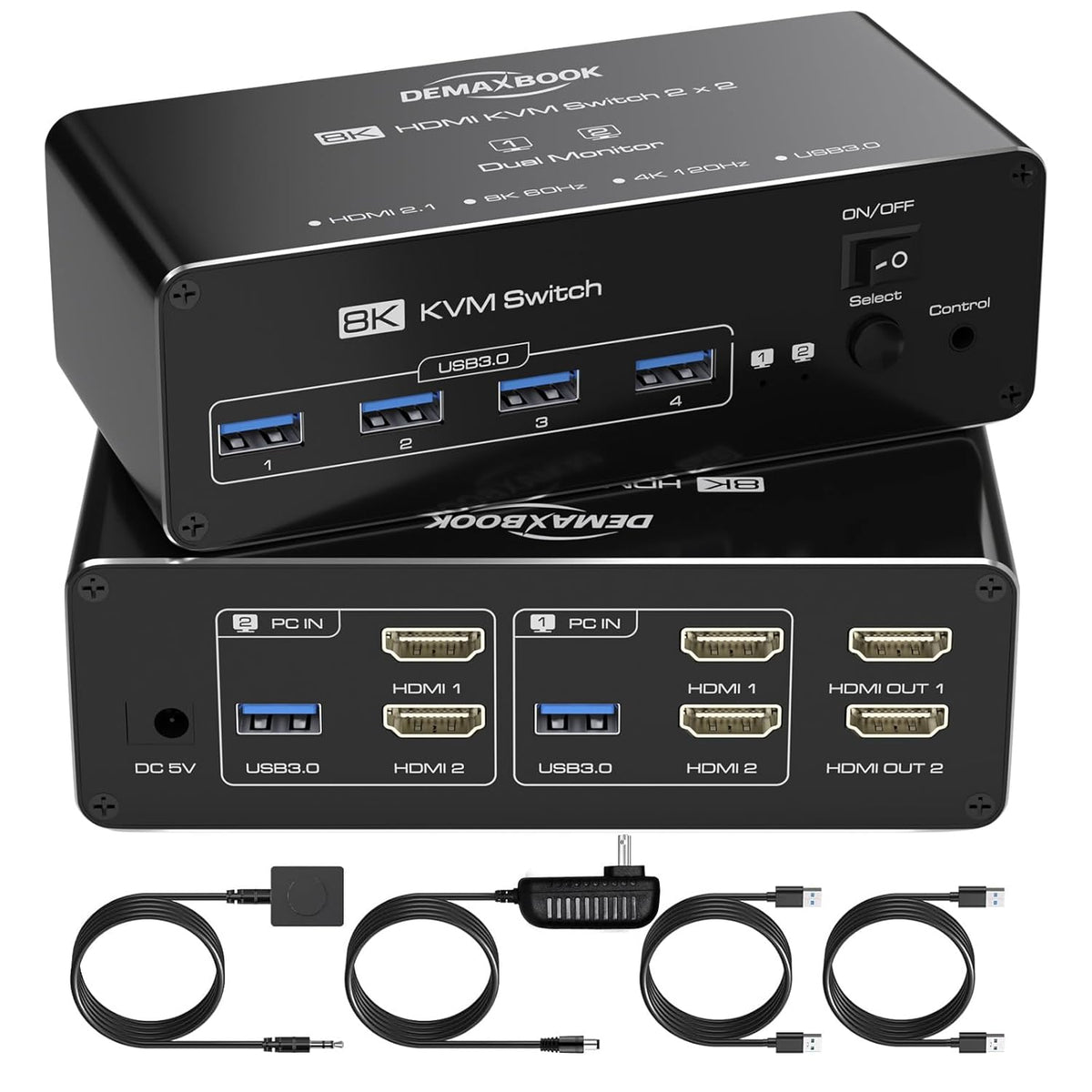 DEMEXBOOK HDMI KVM Switch 2 Monitors 2 Computers 8K@60Hz 4K@120Hz, with 4 USB 3.0 Ports for 2 Computers Sharing 2 Monitors, Extended/Copy Mode, with Power Adapter,Includes Remote & 2 USB Cables